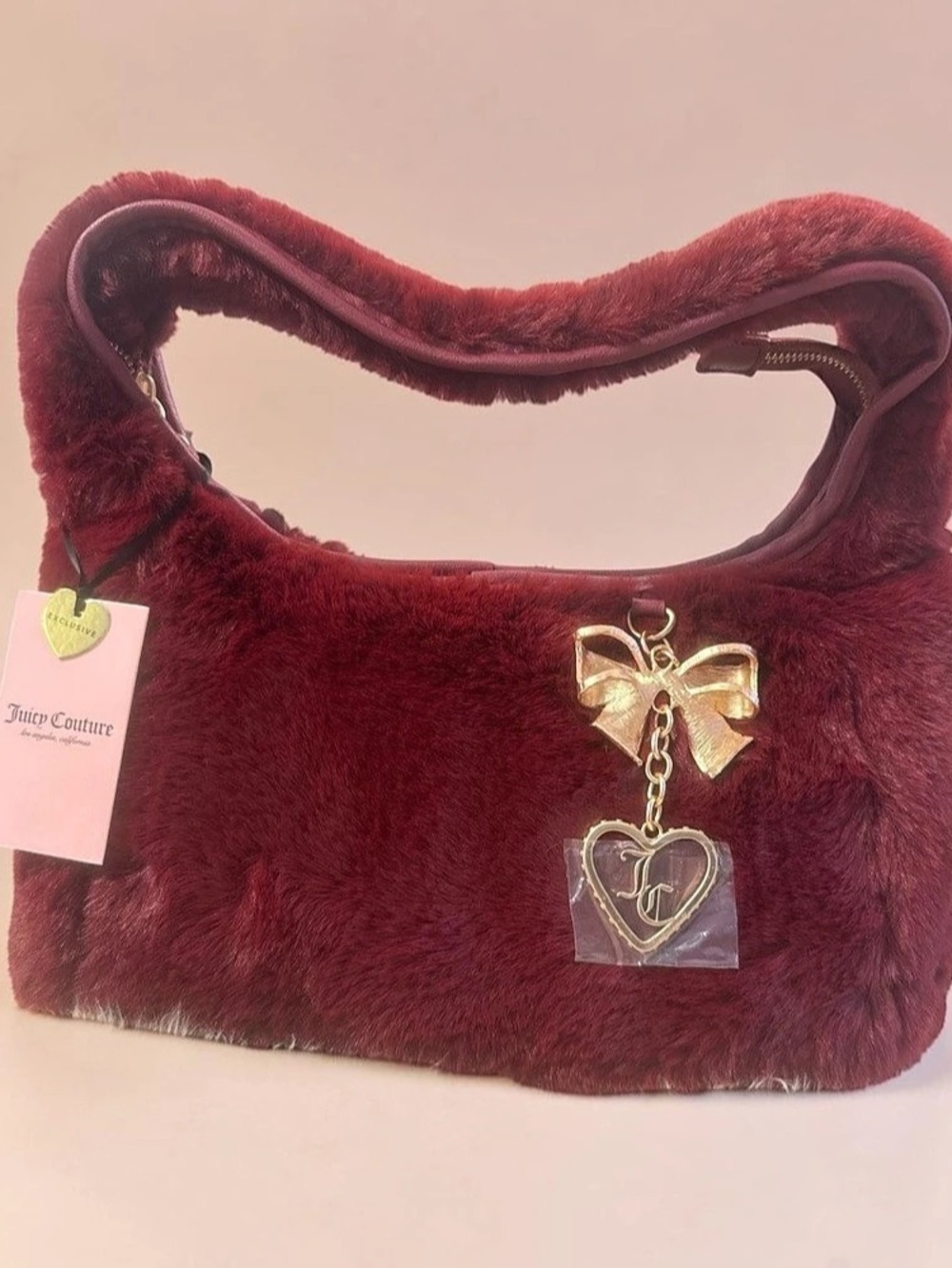 Juicy Couture Burgundy Faux Fur Shoulder Hobo Bag